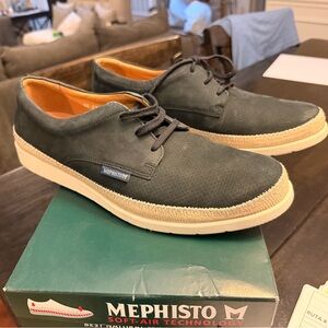 Mephisto Olive Green Suede Lace-Up Casual Loafers with Tan Trim